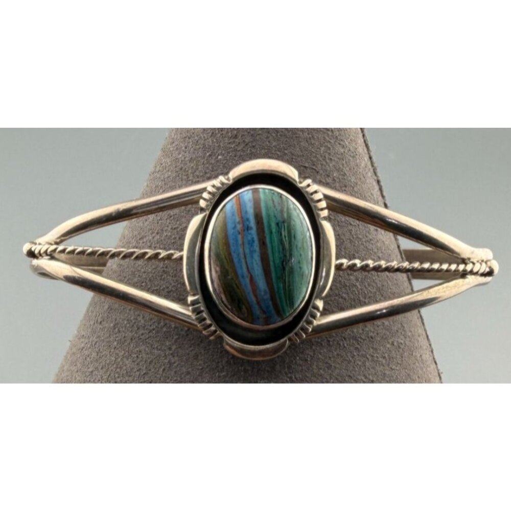 Vintage Navajo Cuff Bracelet Sterling Silver Leonard Nez Inlay  Signed